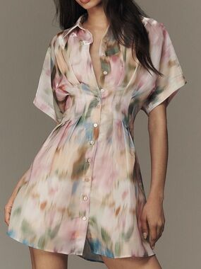 Exquise Tobie Mini Shirt Dress Organza Short Sleeve New 1X Multi Floral